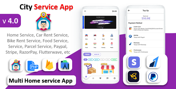 City Service App | Service At Home | Multi Payment Gateways Integrated | Multi Login