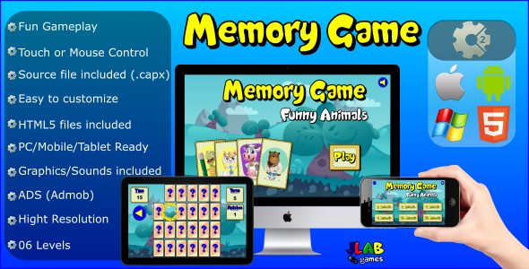 Memory Game Funny Animals - Educational Games (HTML5 and MOBILE)