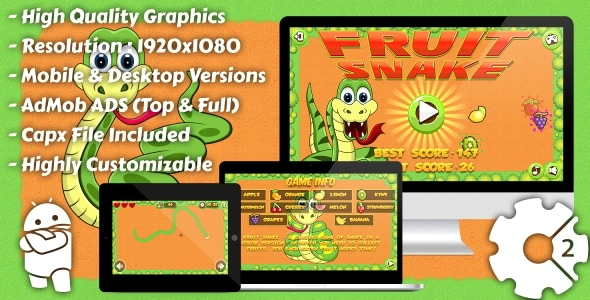 Fruit Snake - HTML5 Game, Mobile Version+AdMob!!! (Construct 3 | Construct 2 | Capx)