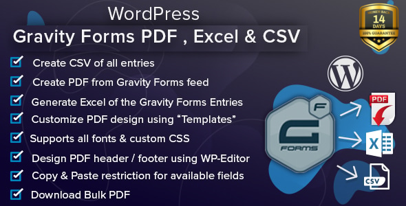 WordPress Gravity Forms PDF, Excel, CSV & Google Sheet