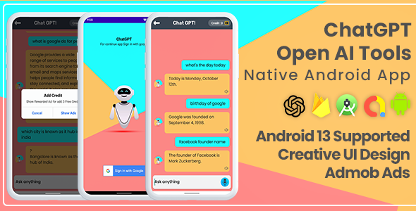 ChatGPT : AI Tools Android App with PHP Admin Panel - AdMob Ads, OpenAI API | Android 13 Supported