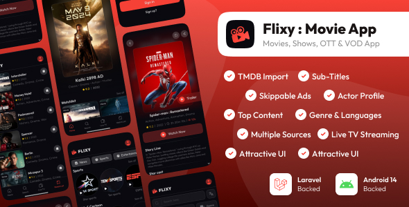 Flixy : Movie App : Series,Live TV, Video Streaming App, Netflix Clone : Android/Laravel