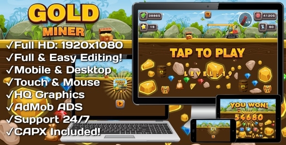 Gold Miner - HTML5 Game 20 Levels + Mobile Version! (Construct 3 | Construct 2 | Capx)