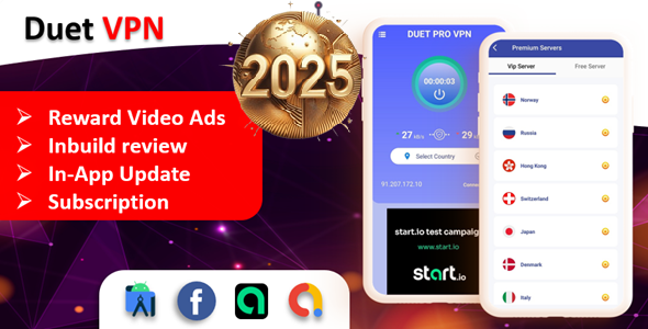 Duet Pro VPN App | Secure VPN App & Fast VPN | Subscription | StartApp Ads | Facebook & Admob Ads