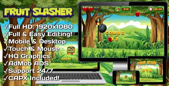 Fruit Slasher - HTML5 Game, Mobile Version+AdMob!!! (Construct 3 | Construct 2 | Capx)