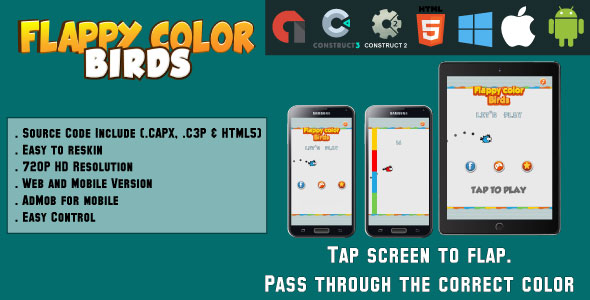 Flappy color birds - HTML5 Game - Web & Mobile + AdMob (CAPX, C3p and HTML5)