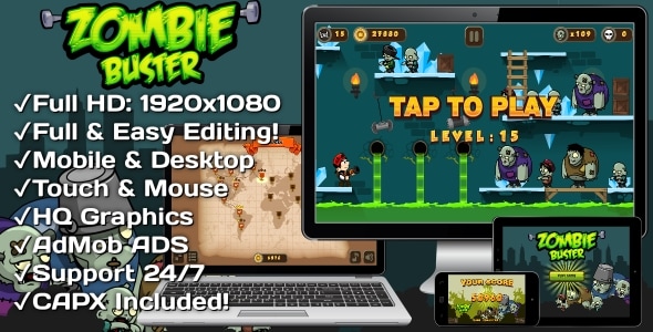 Zombie Buster - HTML5 Game 20 Levels + Mobile Version! (Construct 3 | Construct 2 | Capx)