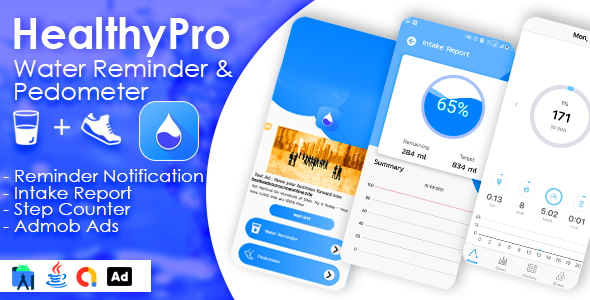 HealthyPro - 2 in 1 Water Reminder + Pedometer with Admob Ads