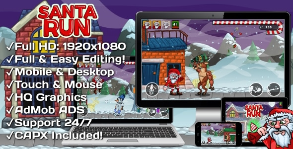 Santa Run - HTML5 Game + Mobile Version! (Construct 3 | Construct 2 | Capx)