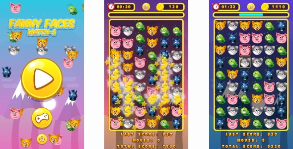 Funny Faces Match3 - HTML5 Game + Android + AdMob (Construct 3 | Construct 2 | Capx)