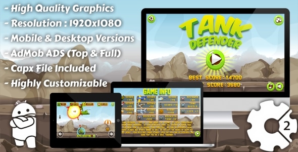 Tank Defender - HTML5 Game, Mobile Version+AdMob!!! (Construct 3 | Construct 2 | Capx)