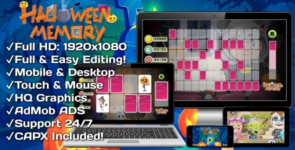Halloween Memory - HTML5 Game 14 Levels + Mobile Version! (Construct 3 | Construct 2 | Capx)