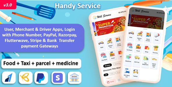 Handyman Multi Service App On-Demand | Food & Grocery & Parcel & Pharmacy & Taxi Rent vehicle