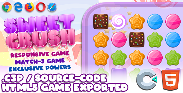 Sweet Crush HTML5 Game - With Construct 3 File (.c3p)