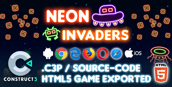 Neon Invaders HTML5 Game - Construct 3 Source-code