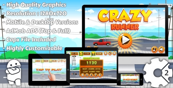 Crazy Runner - HTML5 Game, Mobile Version+AdMob!!! (Construct 3 | Construct 2 | Capx)