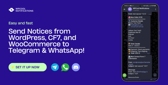 WPCool - Notifications from CF7, WooCommerce to WhatsApp, Telegram, Discord