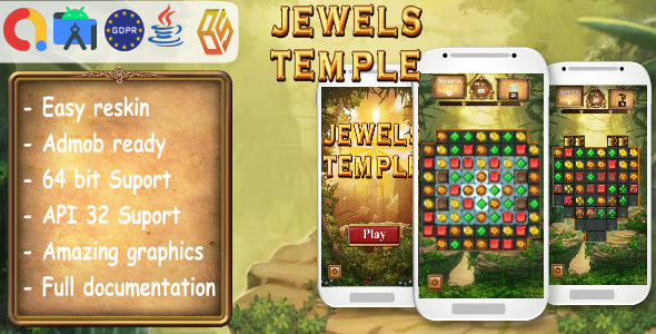 Jewels Temple Quest Clone - Android Studio Match 3 Game with AdMob Ads + Ready to Publish