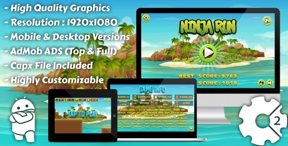 Ninja Run - HTML5 Game, Mobile Version+AdMob!!! (Construct 3 | Construct 2 | Capx)