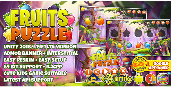 FRUITS PUZZLE FOR KIDS UNITY3D + ADMOB + EASY RESKIN + 64 BIT SUPPORT