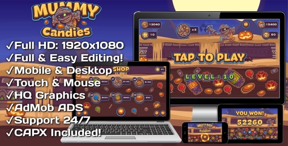 Mummy Candies - HTML5 Game 20 Levels + Mobile Version! (Construct 3 | Construct 2 | Capx)