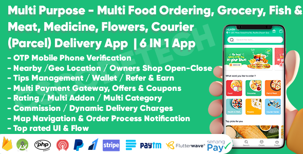 Multi Purpose - Food, Grocery, Fish-Meat, Pharmacy, Flower, Courier(Parcel) Delivery | 6 IN 1 Apps