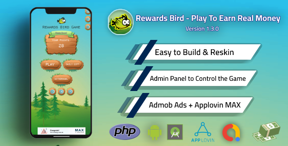 Flying Rewards Bird Game - Play and Earn Real Money with Admin Panel and Admob