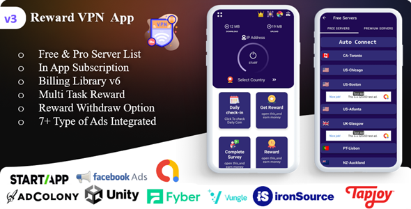 Reward VPN App | VPN App | Lucky Wheel | Tic-Tac | Daily Checking | Multi Ads type with Admin Panel