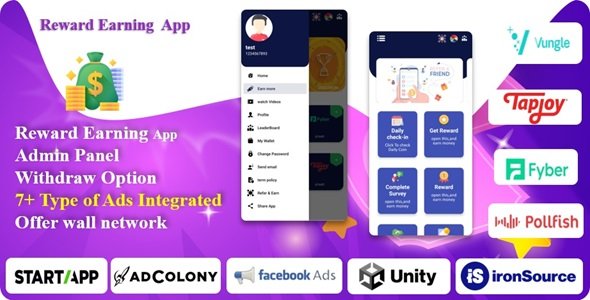 Reward Earning - Earning App Reward Lucky Wheel Tic-Tac Multiple Ads Integration with Admin Panel