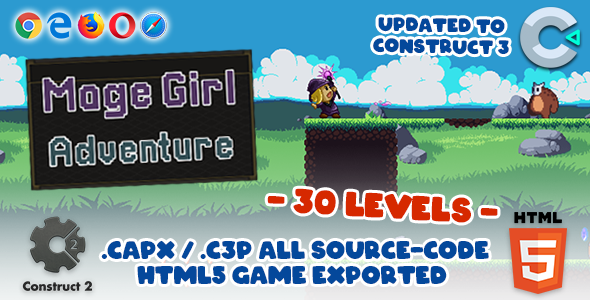 Mage Girl Adventure (Side Scrolling / Pixel Art) - HTML5 Construct 2/3 Game (.capx / .c3p)