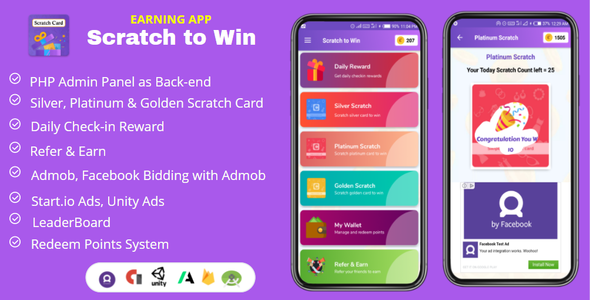 Scratch to Win Android Earning App (Admob, Facebook bidding, StartApp, Unity Ads)