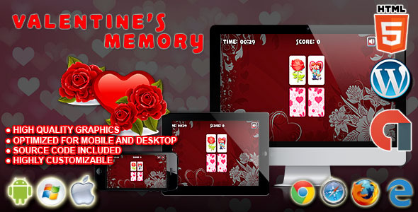 Valentine's Memory - HTML5 Construct 2 Puzzle Game