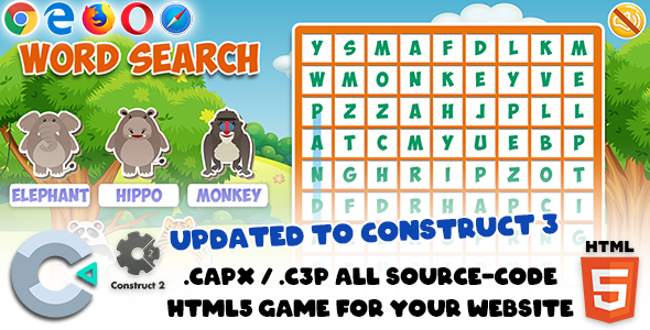 Word Search Game - Construct 2 / 3 Source Code (.capx / .c3p) + HTML5 Exported