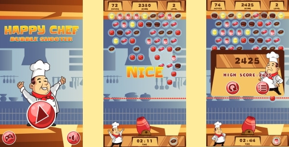 Happy Chef Bubble Shooter - HTML5 Game + Android (Construct 3 | Construct 2 | Capx)