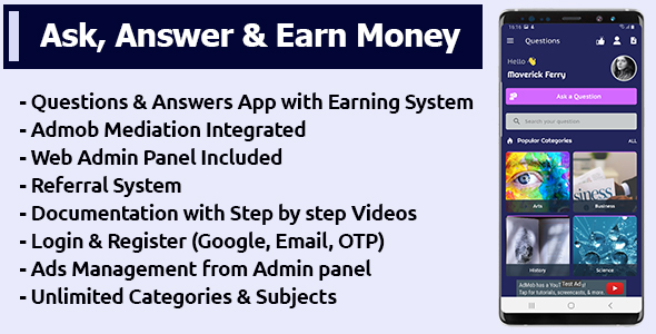 Ask & Answer to Earn Money App with Admin Panel