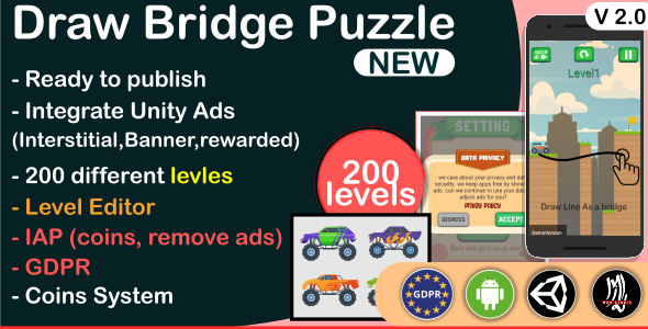 Draw Bridge Puzzle, Car Bridge (complete unity Game +unity ads+ GDPR)