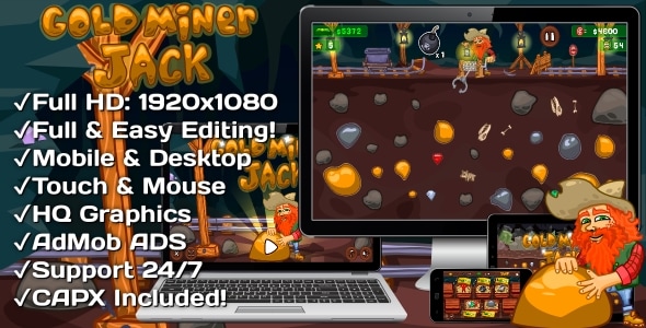 Gold Miner Jack - HTML5 Game 20 Levels + Mobile Version! (Construct 3 | Construct 2 | Capx)