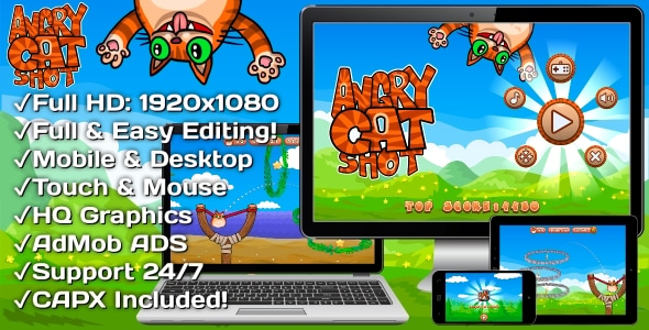 Angry Cat Shot - HTML5 Game 30 Levels + Mobile Version! (Construct 3 | Construct 2 | Capx)