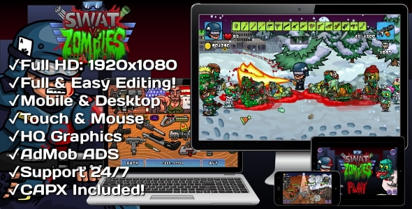 SWAT VS ZOMBIES - HTML5 Game 5 Levels + Mobile Version! (Construct 3 | Construct 2 | Capx)