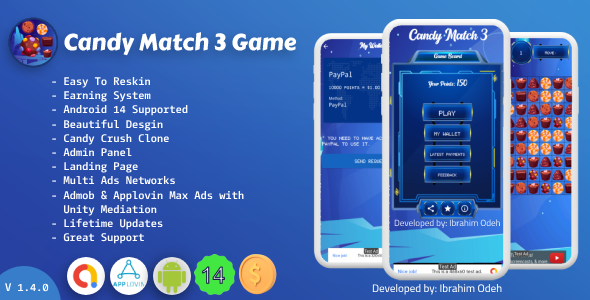 Candy Match 3 Game with Earning System and Admin Panel + Landing Page