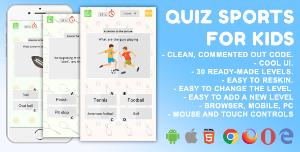 Quiz Sport. For Kids. Mobile, HTML5 Game. .c3p (Construct 3)