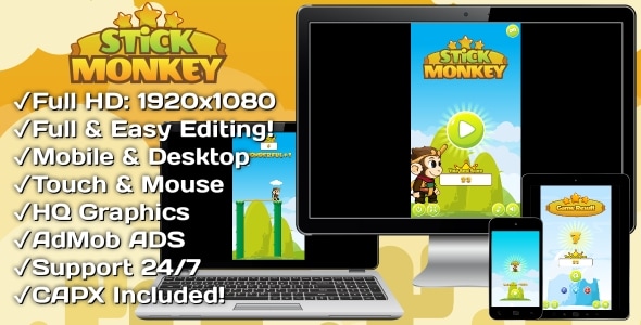 Stick Monkey - HTML5 Game + Mobile Version! (Construct 3 | Construct 2 | Capx)