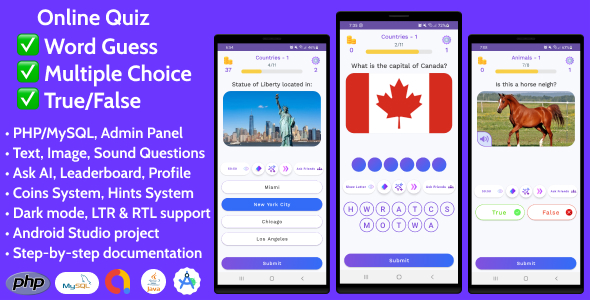 Online Quiz | Multiple Choice + True/False + Word, Sound, Image Guess for Android with Admin Panel