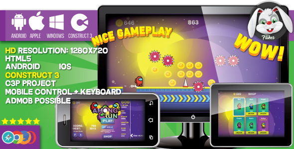 Among Run - HTML5 game, Construct 3 (.c3p) + mobile, sharings, shop, AdMob possible