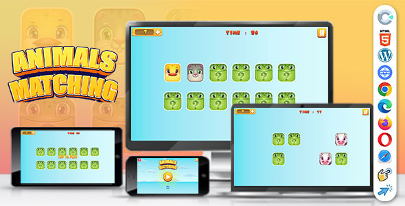 Animals Matching ( Construct | C3P | CAPX | HTML5 ) Memory Matching Game