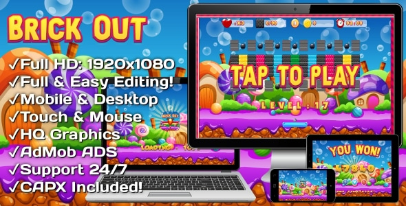 Brick Out - HTML5 Game, Mobile Version+AdMob!!! (Construct 3 | Construct 2 | Capx)