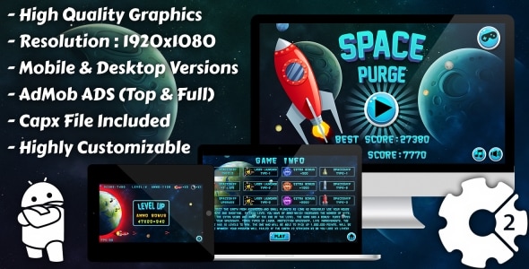 Space Purge - HTML5 Game, Mobile Version+AdMob!!! (Construct 3 | Construct 2 | Capx)