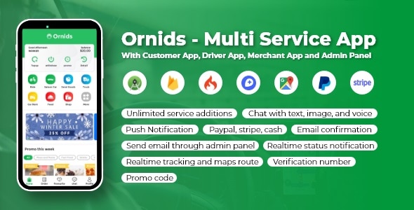 Ornids - Multi Service App With Customer App, Driver App, Merchant App and Admin Panel