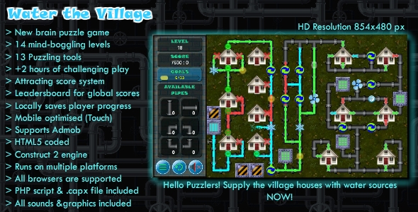 Water the Village - Mobile HTML5 Puzzle Game (.CAPX) - Admob Supported