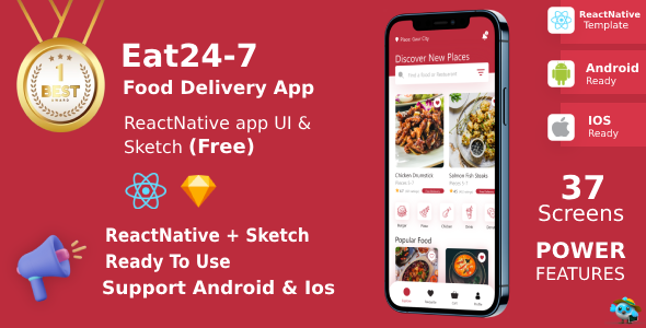 Eat 24/7 ANDROID + IOS | UI Kit | Reactnative | Food Delivery App | Free Sketch File